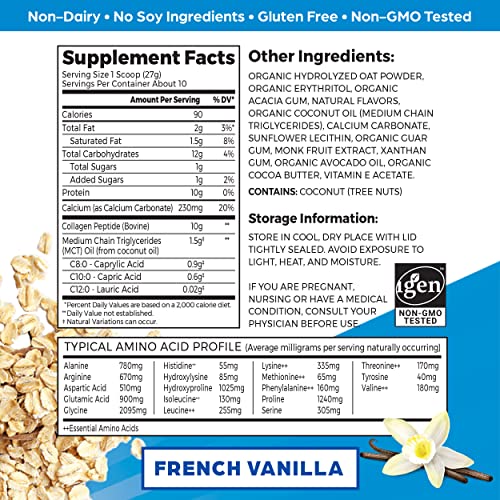 Orgain French Vanilla Collagen Espresso Creamer - 10g Grass-Fed Hydrolyzed Collagen Peptides with Natural Oat Milk Powder, Coconut Oil, MCT Oil, and Avocado Oil for Hair, Pores and skin,...