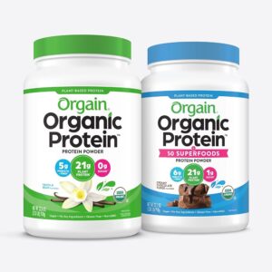 Orgain Natural Protein & Superfoods Powder, Creamy Chocolate Fudge (2.02 lbs) and Orgain Natural Vegan Protein Powder, Vanilla Bean (2.03 lbs)