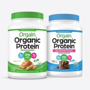 Orgain Natural Protein + Superfoods Powder in Creamy Chocolate Fudge (2.02 lbs) and Orgain Natural Vegan Protein Powder in Peanut Butter (2.03 lbs)