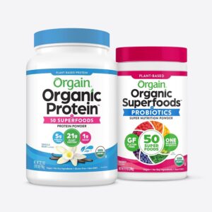 Orgain Vanilla Bean Natural Protein + Superfoods Powder and Orgain Berry Natural Greens Powder with 50 Superfoods